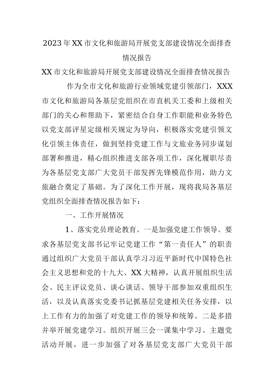 2023年XX市文化和旅游局开展党支部建设情况全面排查情况报告.docx_第1页