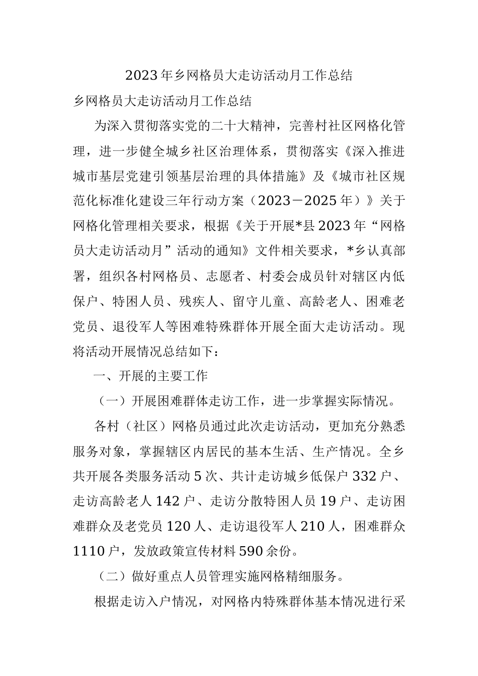 2023年乡网格员大走访活动月工作总结.docx_第1页