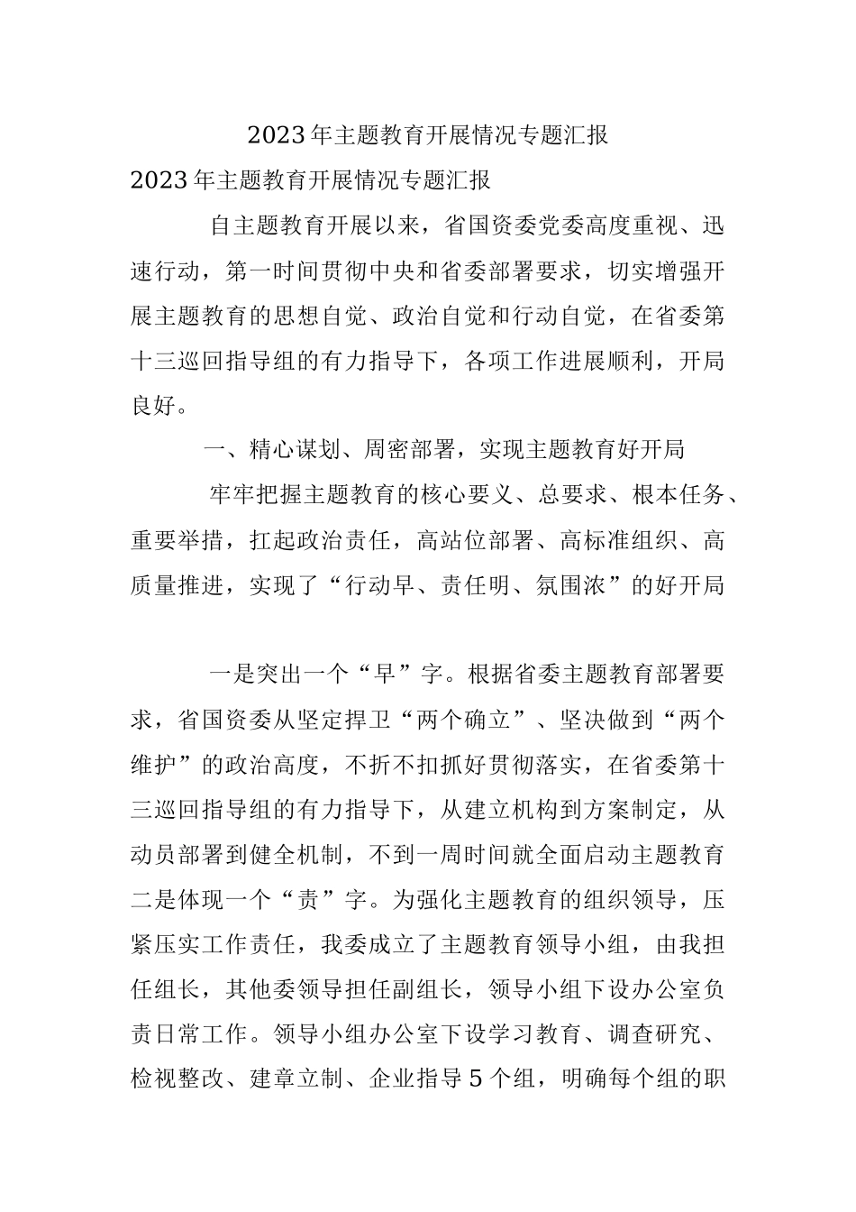 2023年主题教育开展情况专题汇报.docx_第1页