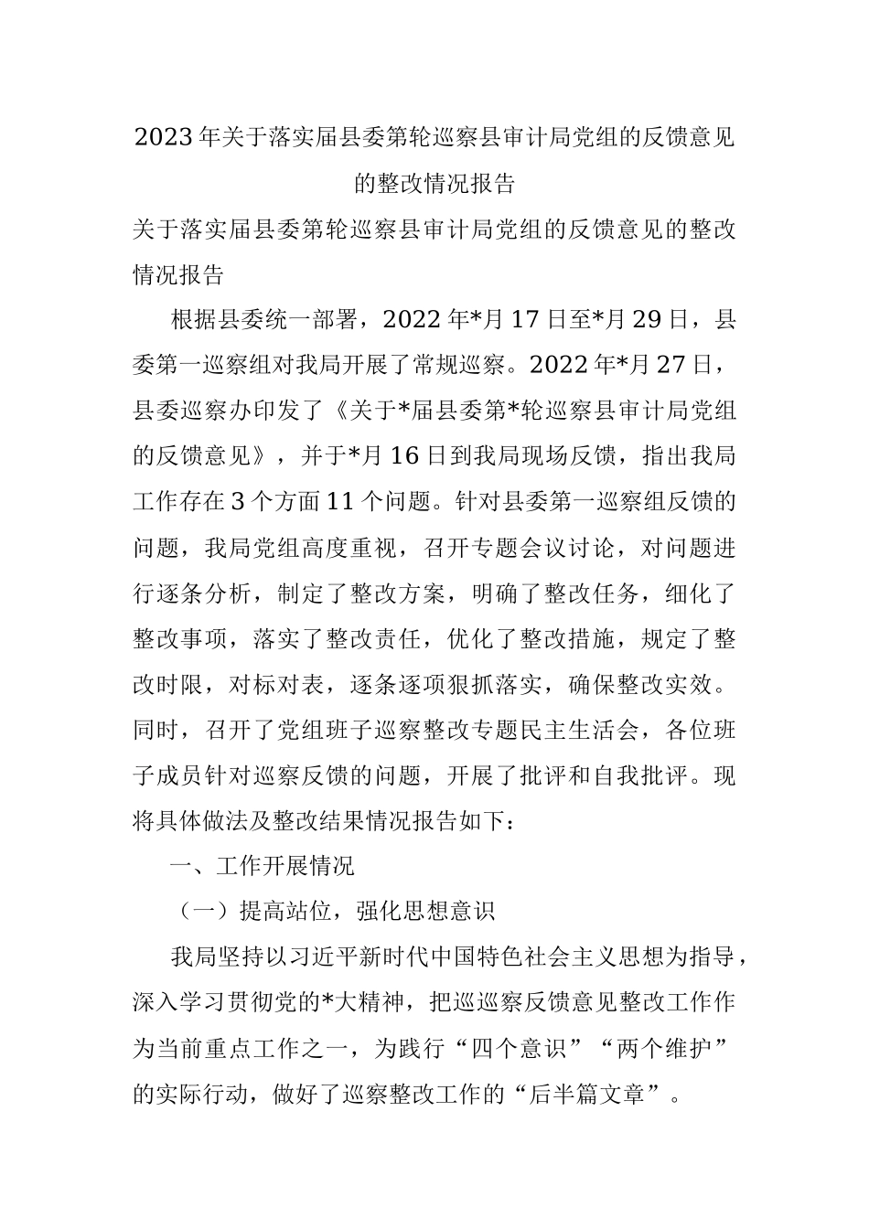 2023年关于落实届县委第轮巡察县审计局党组的反馈意见的整改情况报告.docx_第1页
