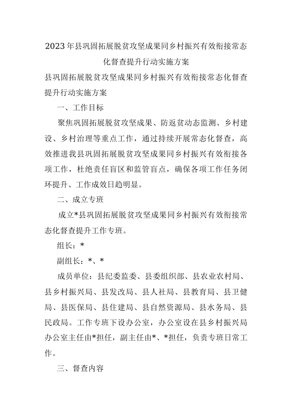 2023年县巩固拓展脱贫攻坚成果同乡村振兴有效衔接常态化督查提升行动实施方案.docx_第1页