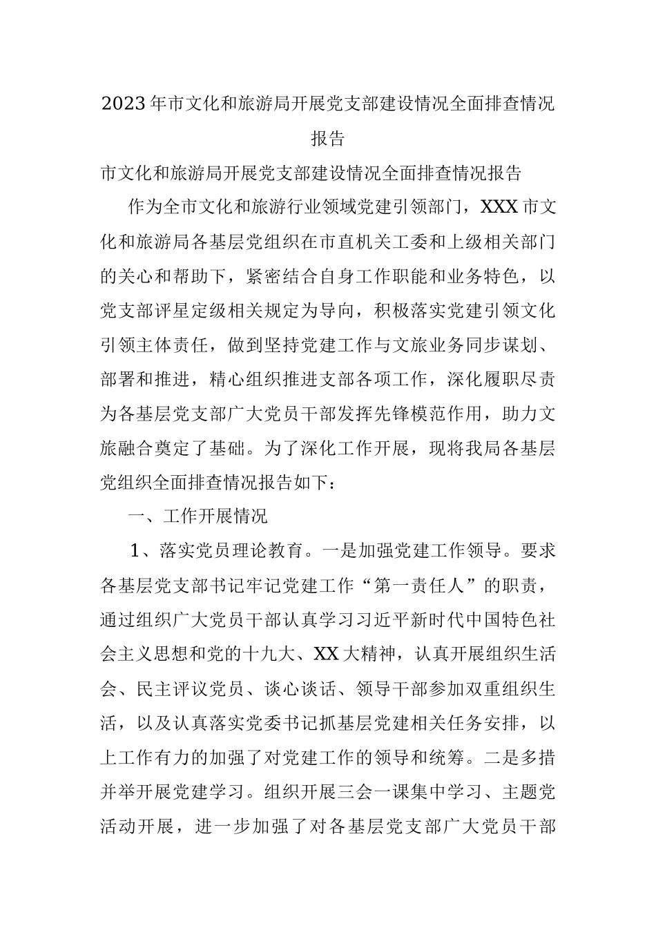 2023年市文化和旅游局开展党支部建设情况全面排查情况报告.docx_第1页