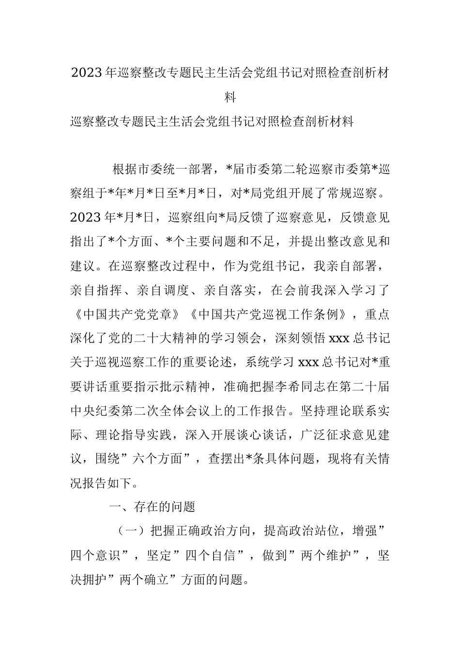2023年巡察整改专题民主生活会党组书记对照检查剖析材料.docx_第1页