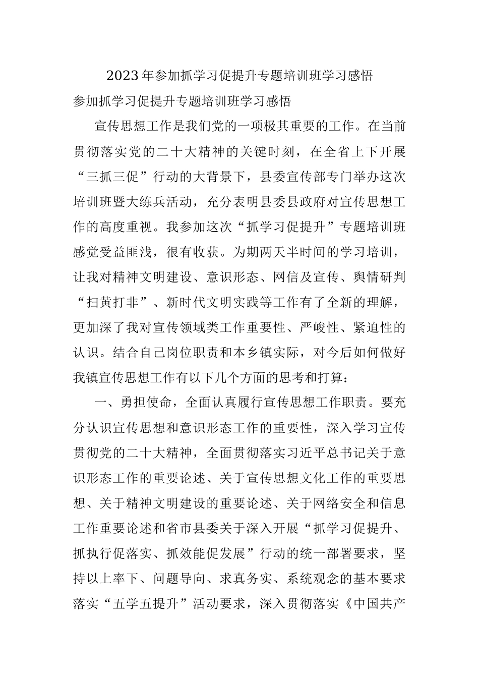 2023年参加抓学习促提升专题培训班学习感悟.docx_第1页