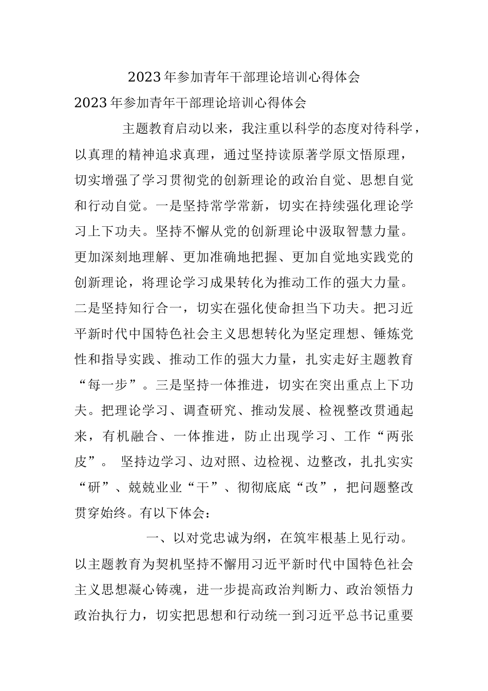 2023年参加青年干部理论培训心得体会.docx_第1页