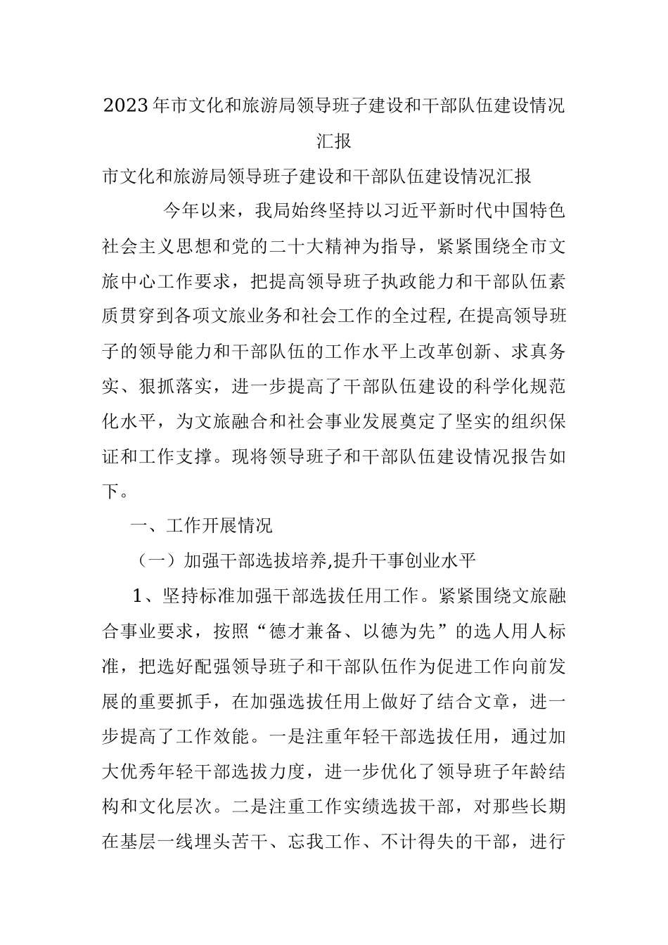 2023年市文化和旅游局领导班子建设和干部队伍建设情况汇报.docx_第1页