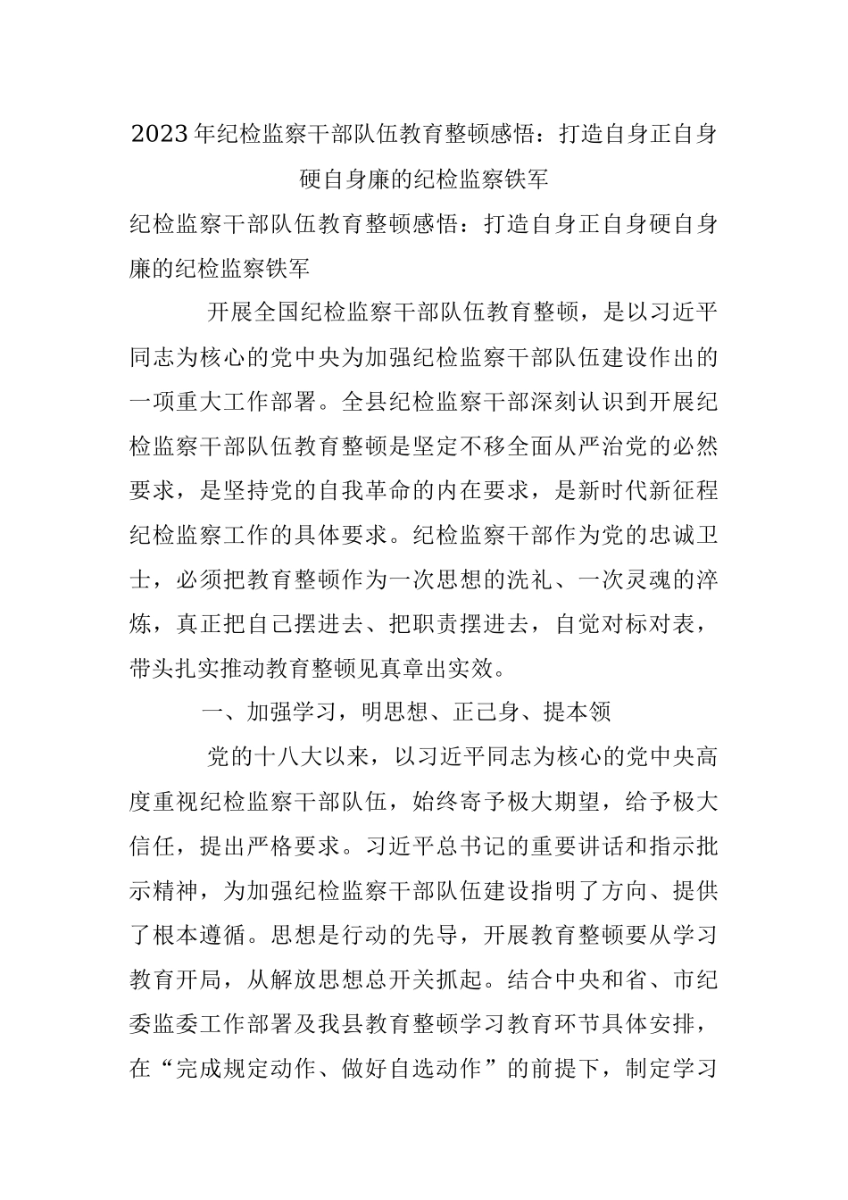 2023年纪检监察干部队伍教育整顿感悟：打造自身正自身硬自身廉的纪检监察铁军.docx_第1页