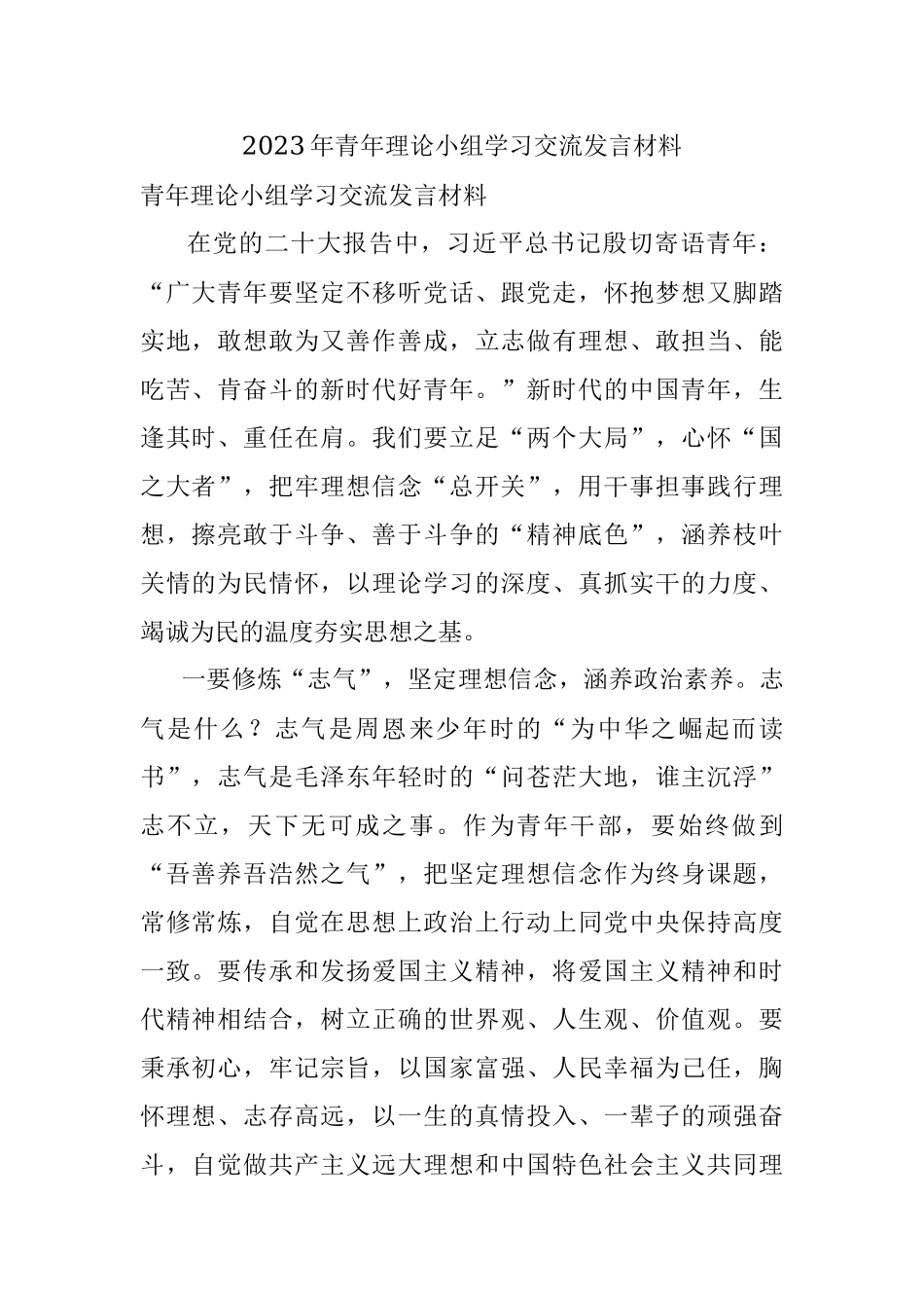 2023年青年理论小组学习交流发言材料.docx_第1页