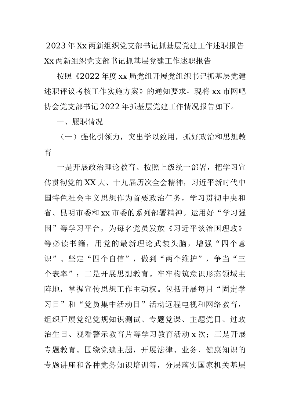 2023年Xx两新组织党支部书记抓基层党建工作述职报告.docx_第1页