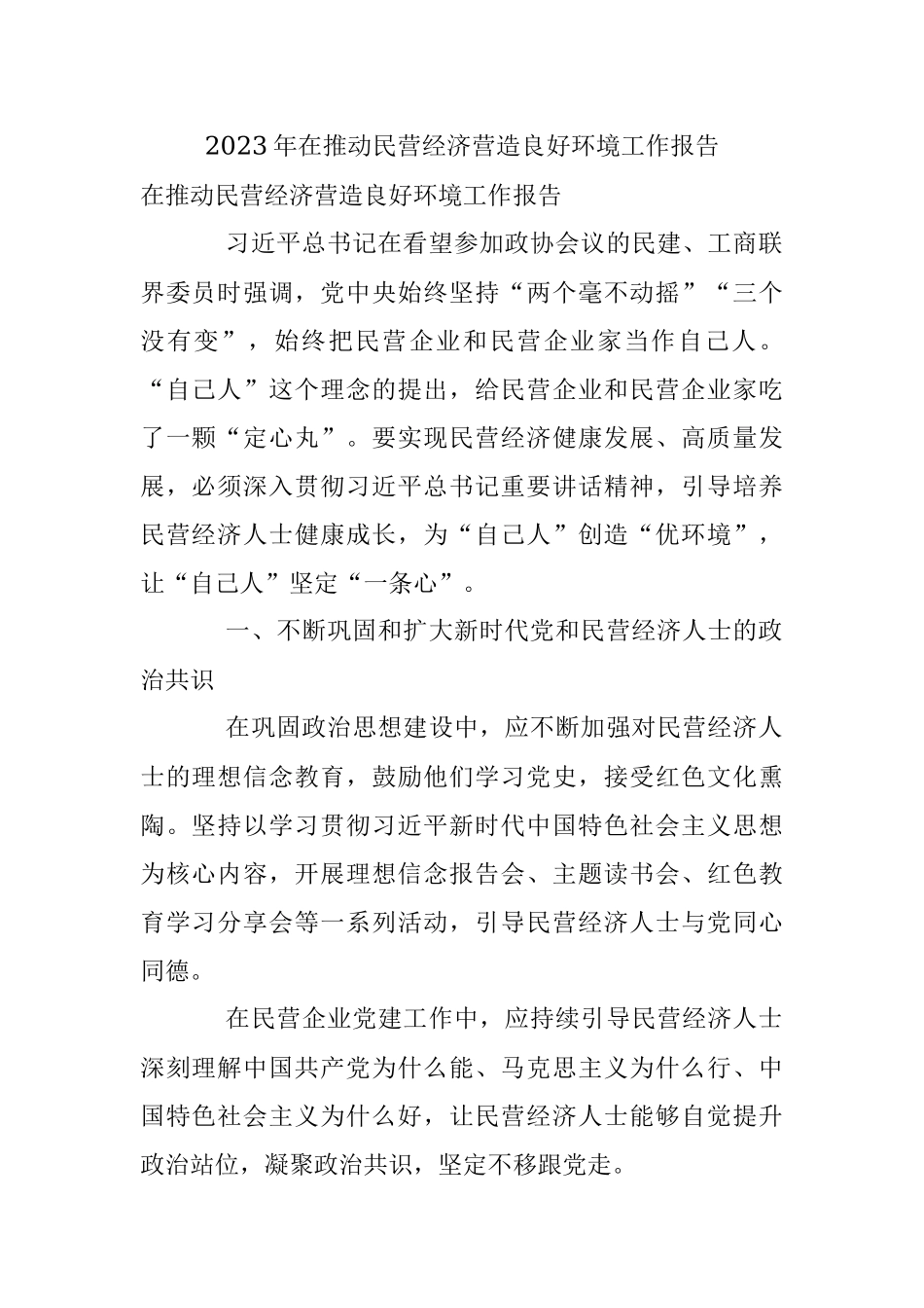 2023年在推动民营经济营造良好环境工作报告.docx_第1页