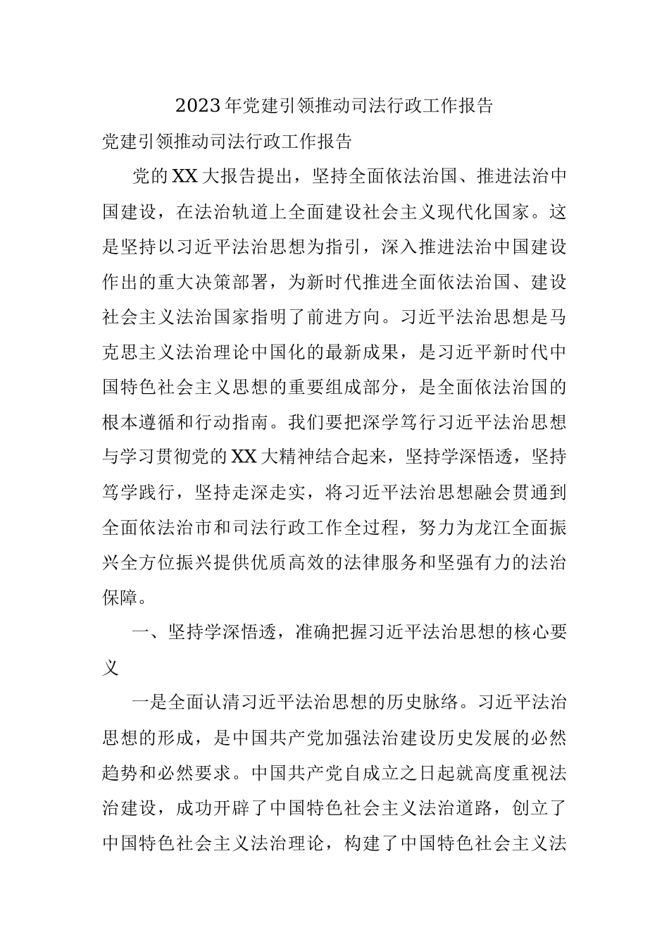 2023年党建引领推动司法行政工作报告.docx_第1页