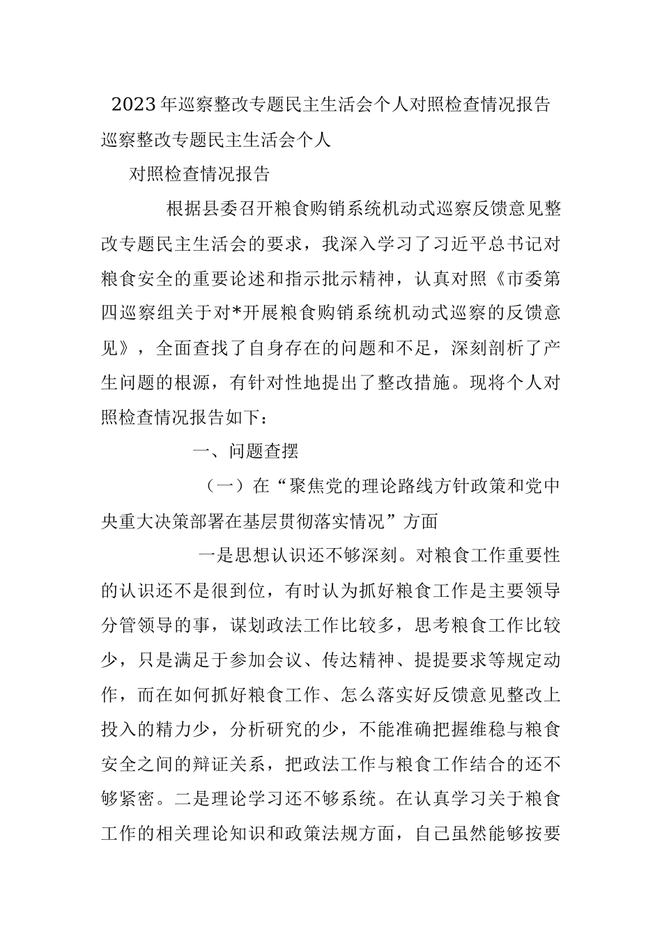 2023年巡察整改专题民主生活会个人对照检查情况报告.docx_第1页