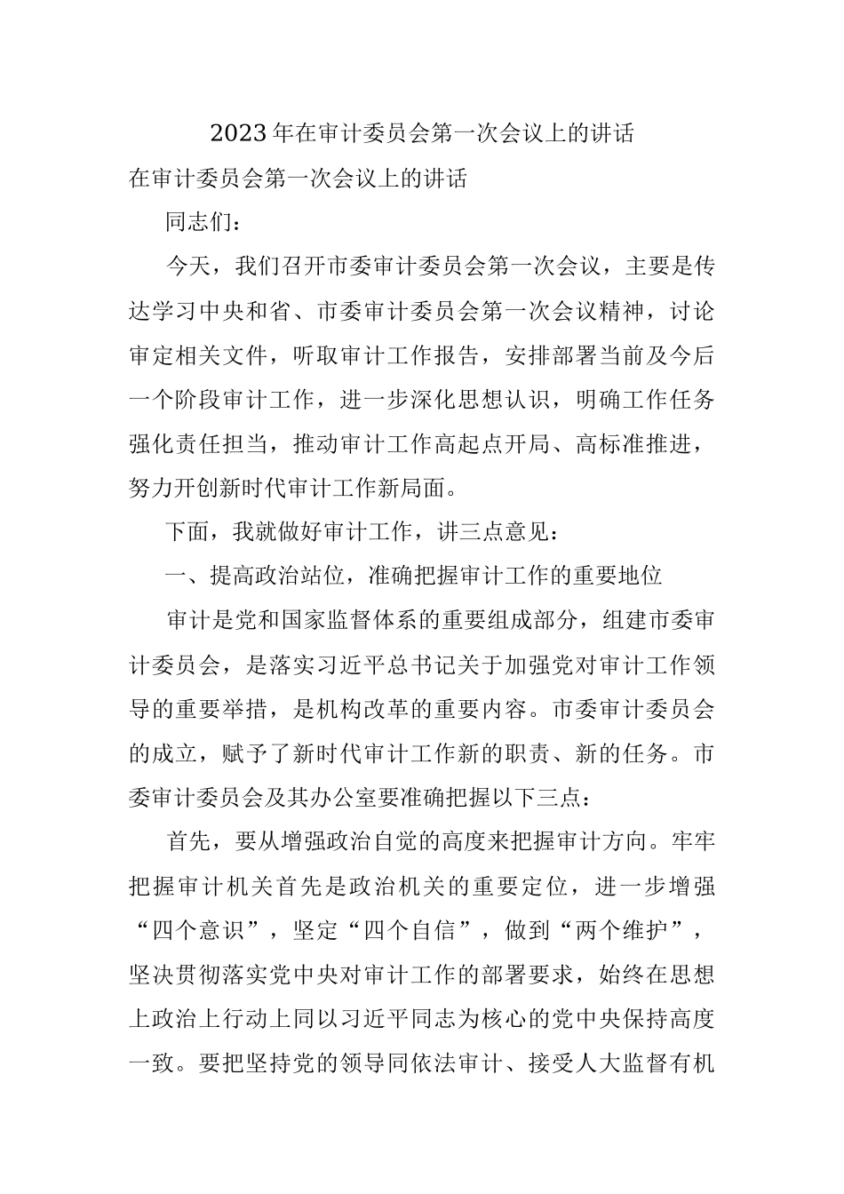 2023年在审计委员会第一次会议上的讲话.docx_第1页