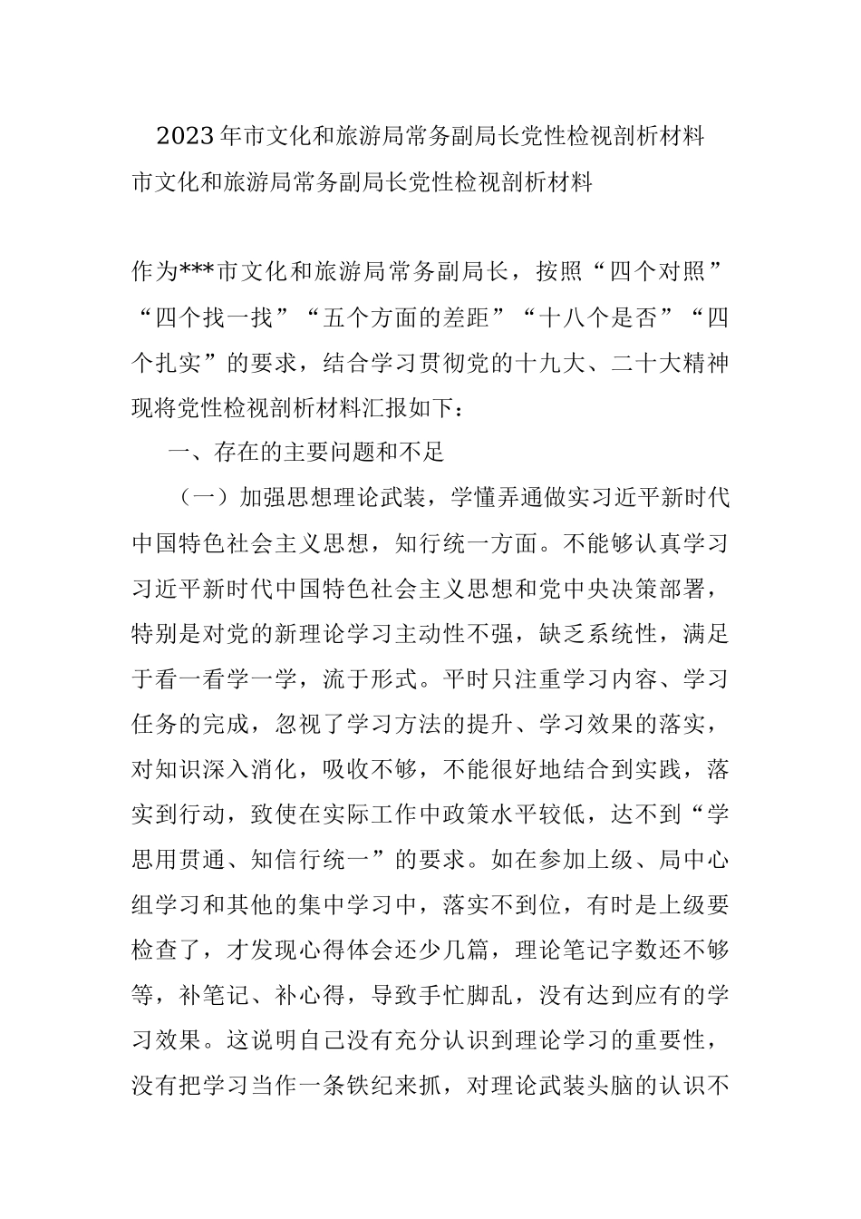 2023年市文化和旅游局常务副局长党性检视剖析材料.docx_第1页