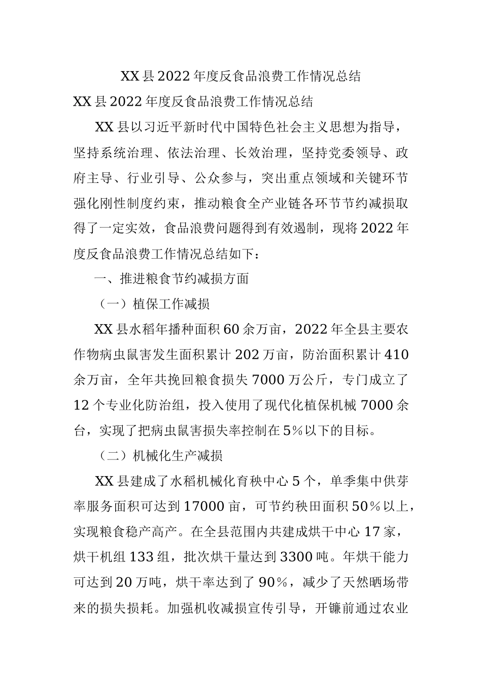 XX县2022年度反食品浪费工作情况总结.docx_第1页