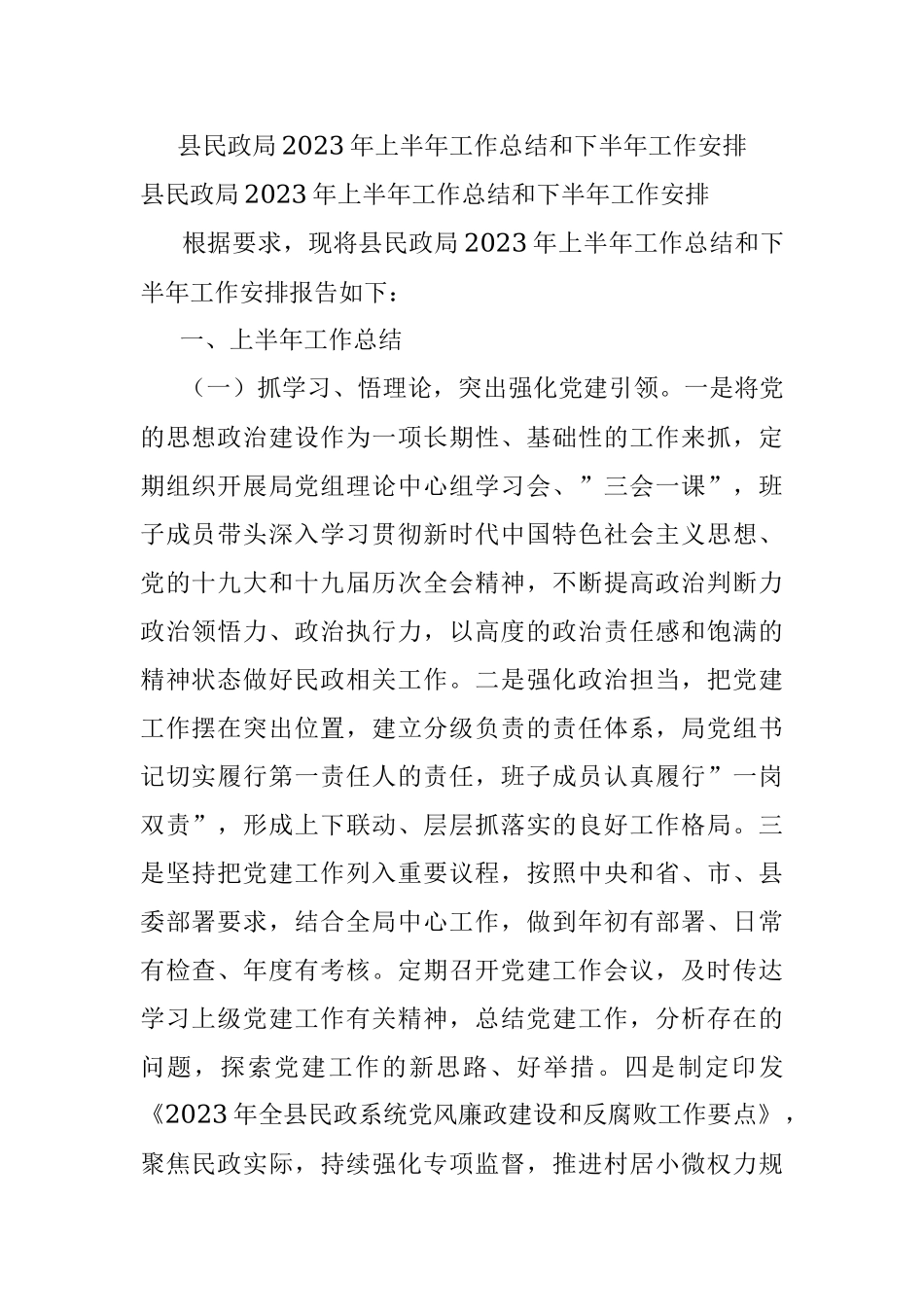 县民政局2023年上半年工作总结和下半年工作安排.docx_第1页