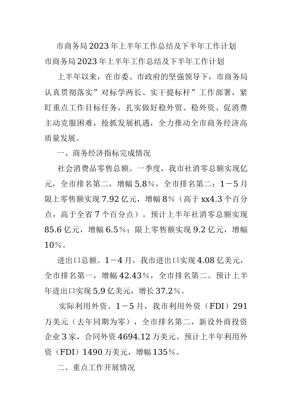 市商务局2023年上半年工作总结及下半年工作计划.docx_第1页
