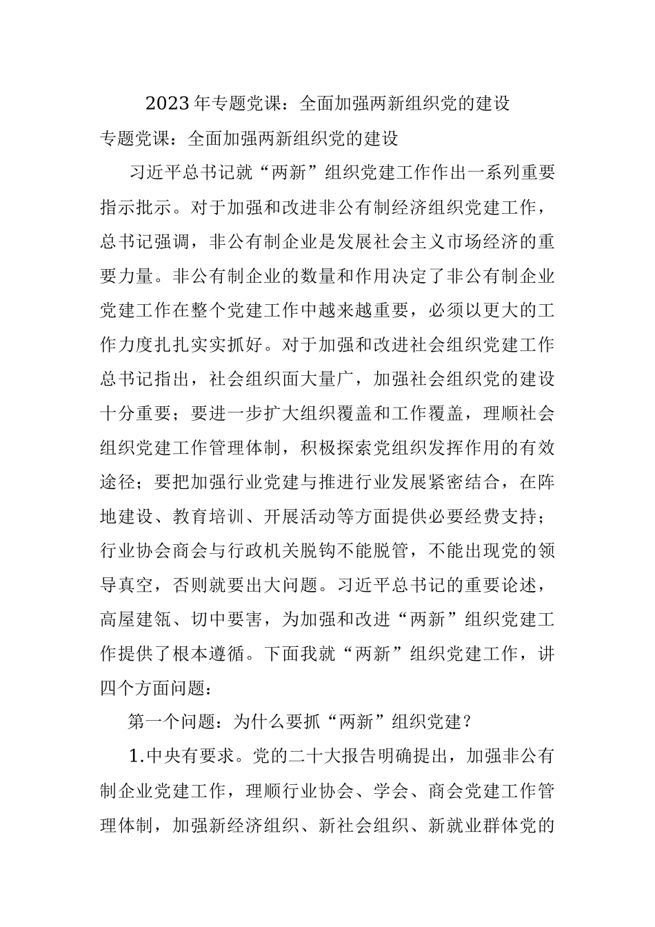 2023年专题党课：全面加强两新组织党的建设.docx_第1页