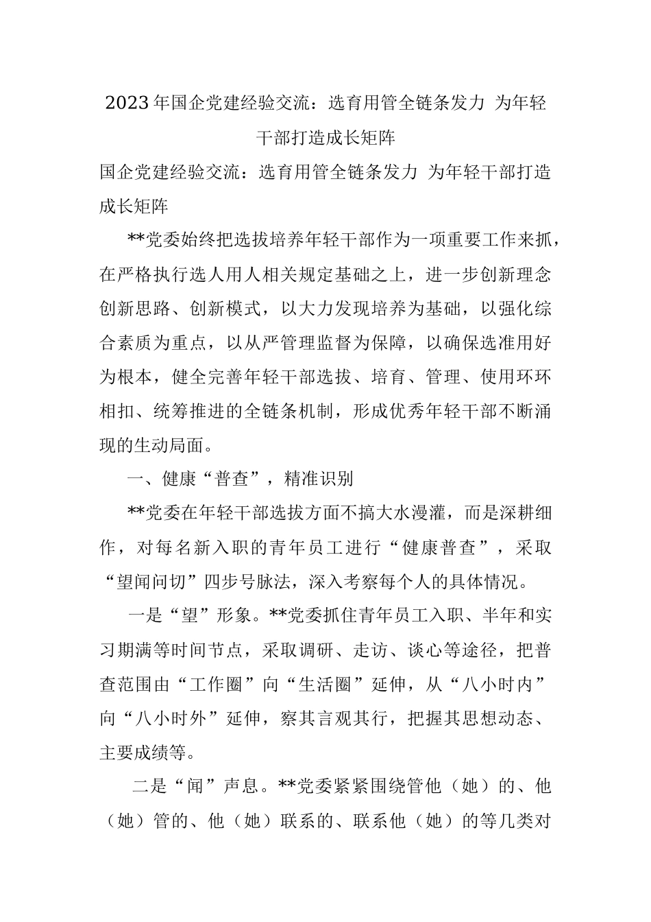 2023年国企党建经验交流：选育用管全链条发力 为年轻干部打造成长矩阵.docx_第1页
