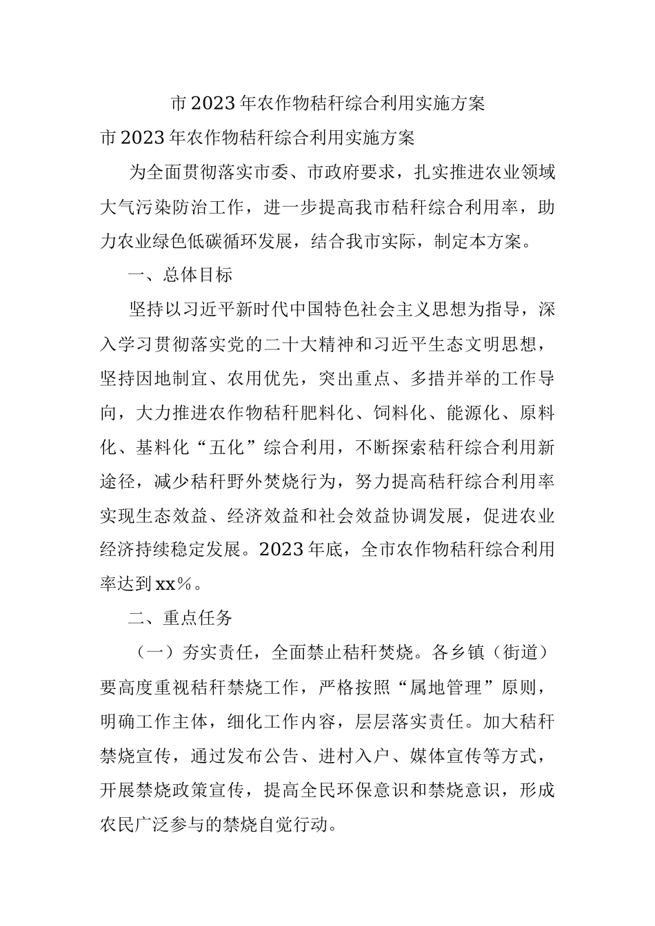 市2023年农作物秸秆综合利用实施方案.docx_第1页