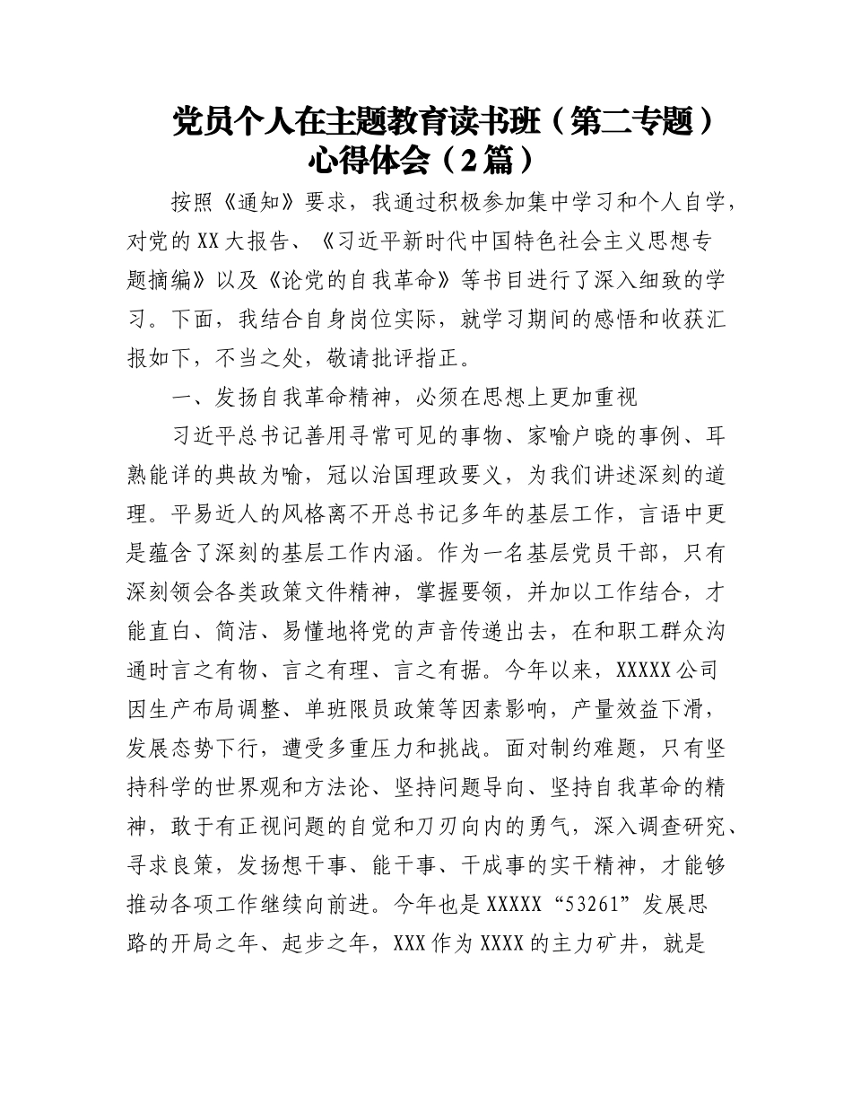 2023年（2篇）党员个人在主题教育读书班（第二专题）心得体会.docx_第1页