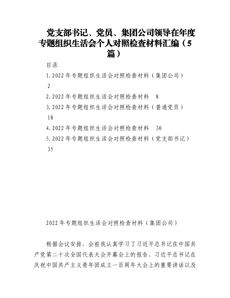 2023年（5篇）党支部书记、党员、集团公司领导在年度专题组织生活会个人对照检查材料汇编.docx_第1页