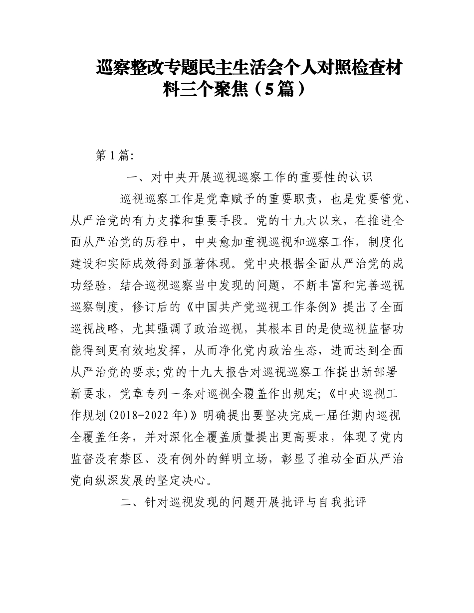 2023年（5篇）巡察整改专题民主生活会个人对照检查材料三个聚焦.docx_第1页