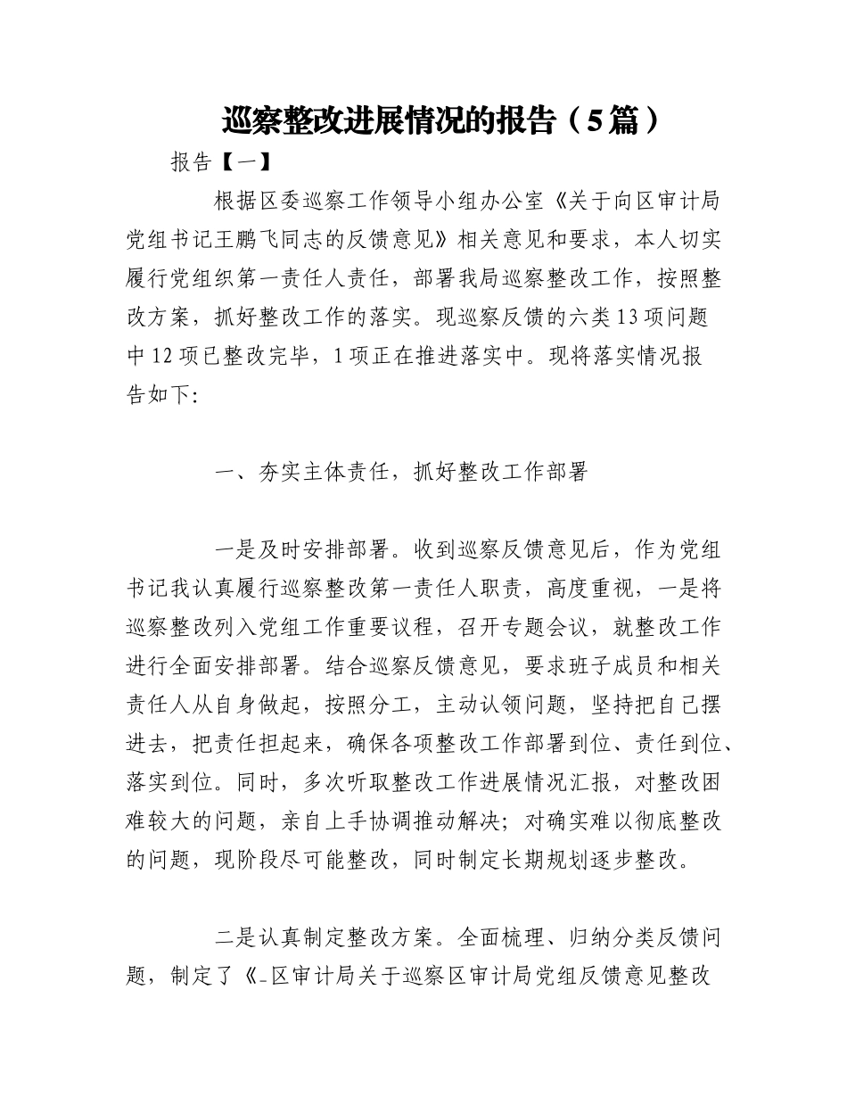2023年（5篇）巡察整改进展情况的报告.docx_第1页