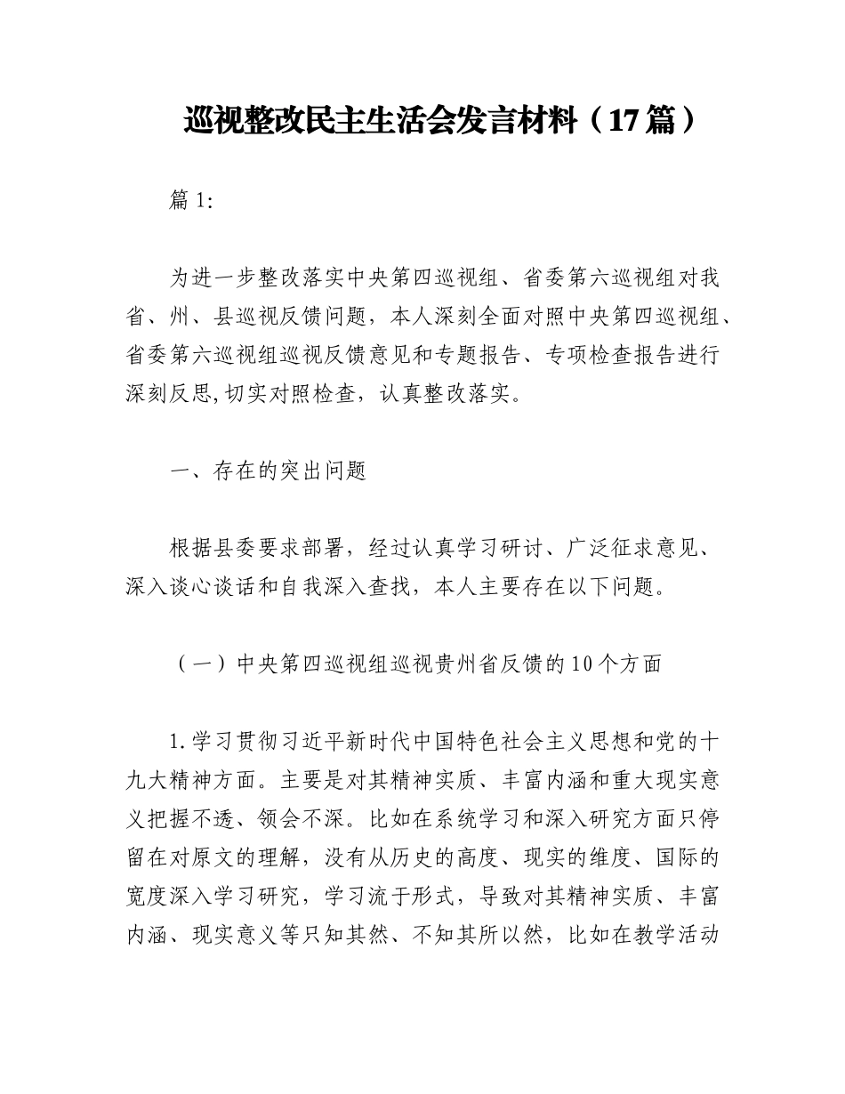 2023年（17篇）巡视整改民主生活会发言材料.docx_第1页