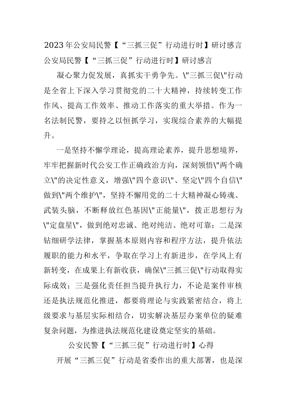 2023年公安局民警【“三抓三促”行动进行时】研讨感言.docx_第1页