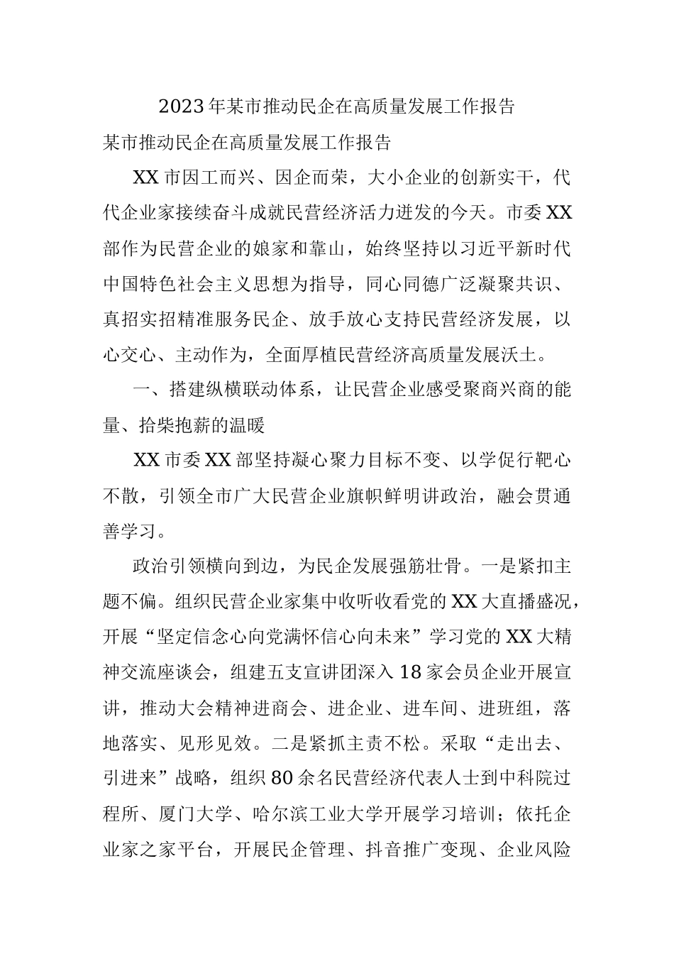 2023年某市推动民企在高质量发展工作报告.docx_第1页