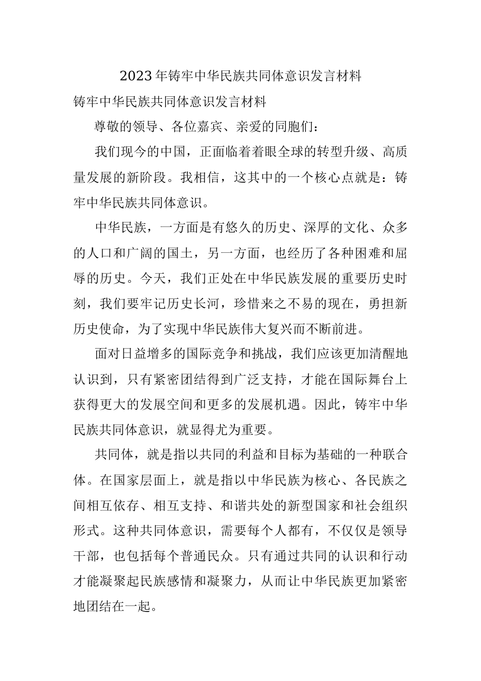 2023年铸牢中华民族共同体意识发言材料.docx_第1页
