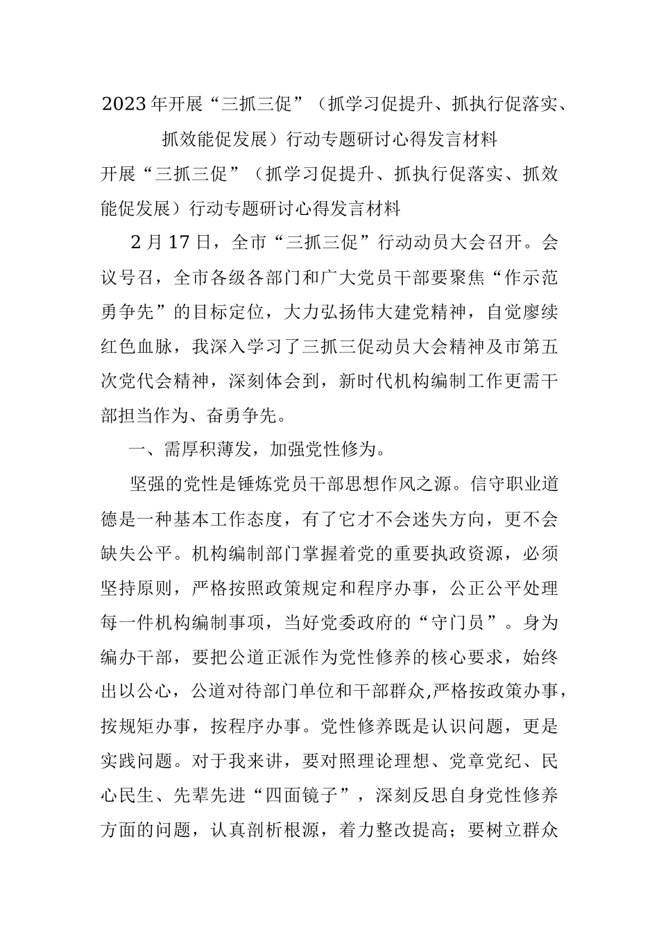 2023年开展“三抓三促”（抓学习促提升、抓执行促落实、抓效能促发展）行动专题研讨心得发言材料.docx_第1页