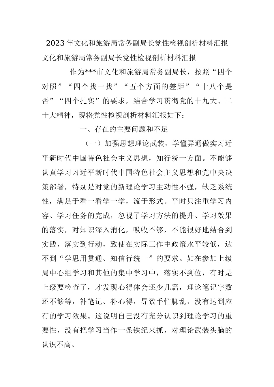 2023年文化和旅游局常务副局长党性检视剖析材料汇报.docx_第1页