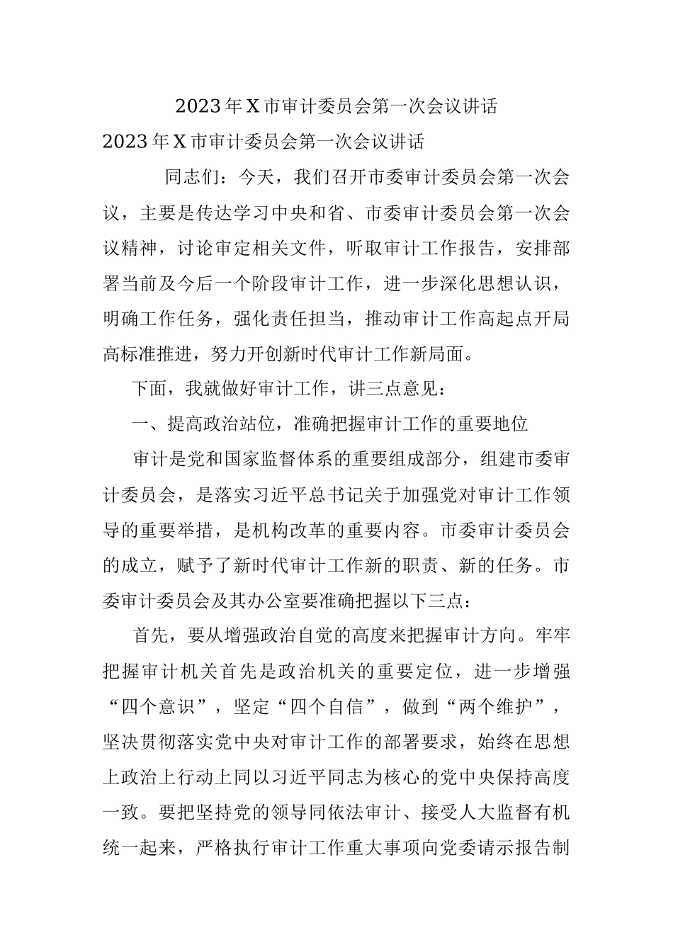 2023年X市审计委员会第一次会议讲话.docx_第1页