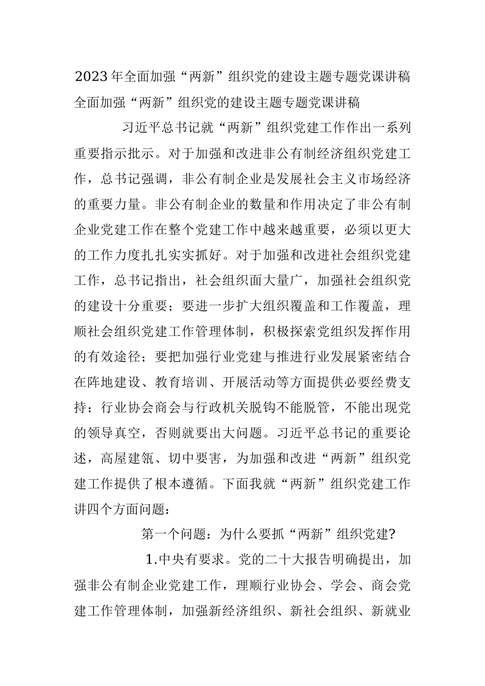 2023年全面加强“两新”组织党的建设主题专题党课讲稿.docx_第1页