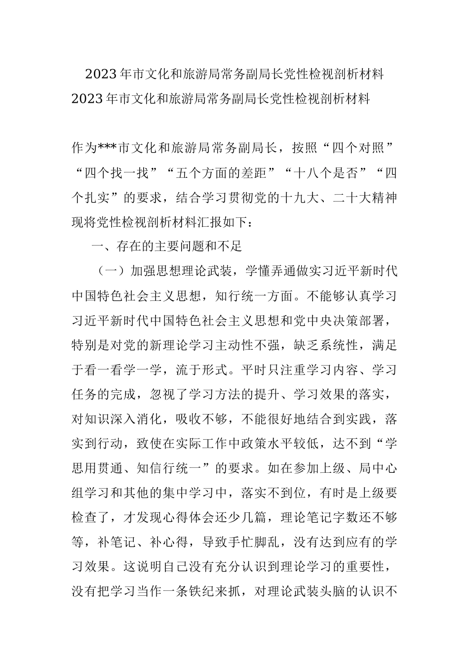 2023年市文化和旅游局常务副局长党性检视剖析材料.docx_第1页
