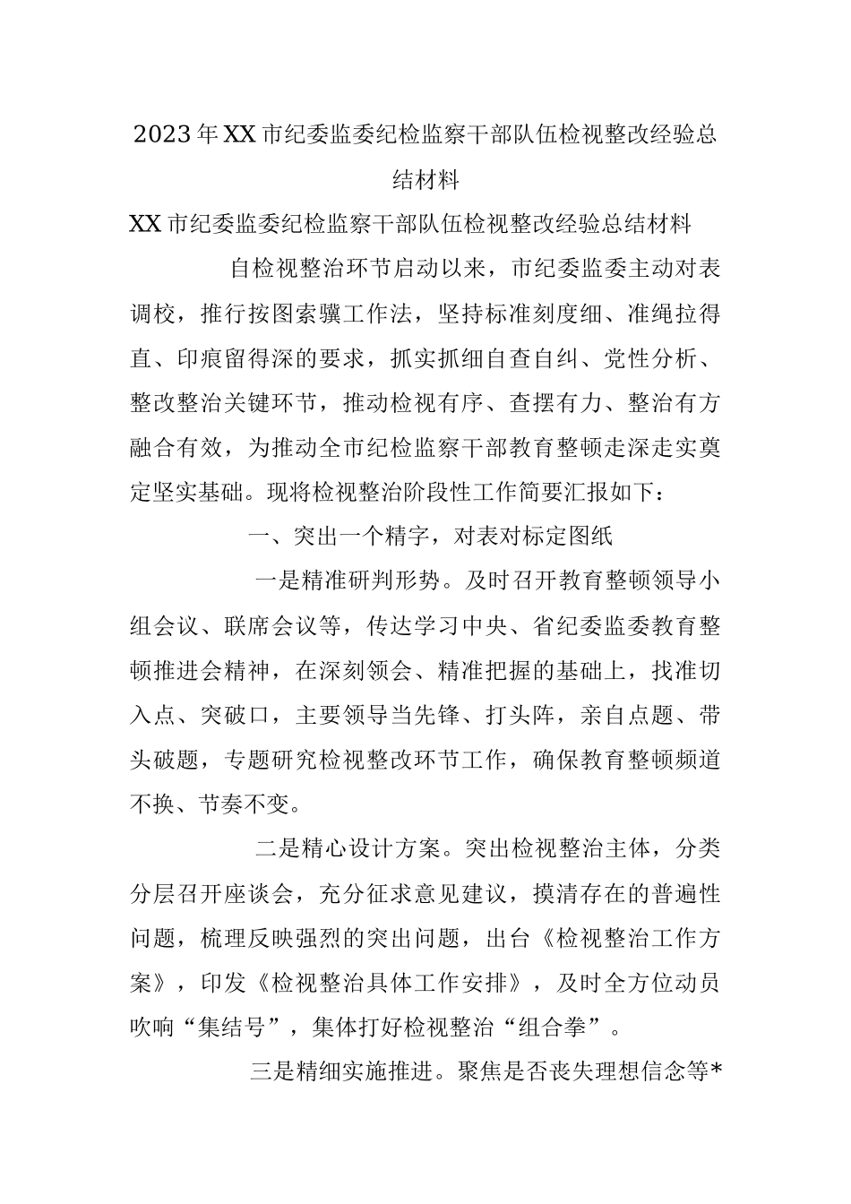 2023年XX市纪委监委纪检监察干部队伍检视整改经验总结材料.docx_第1页