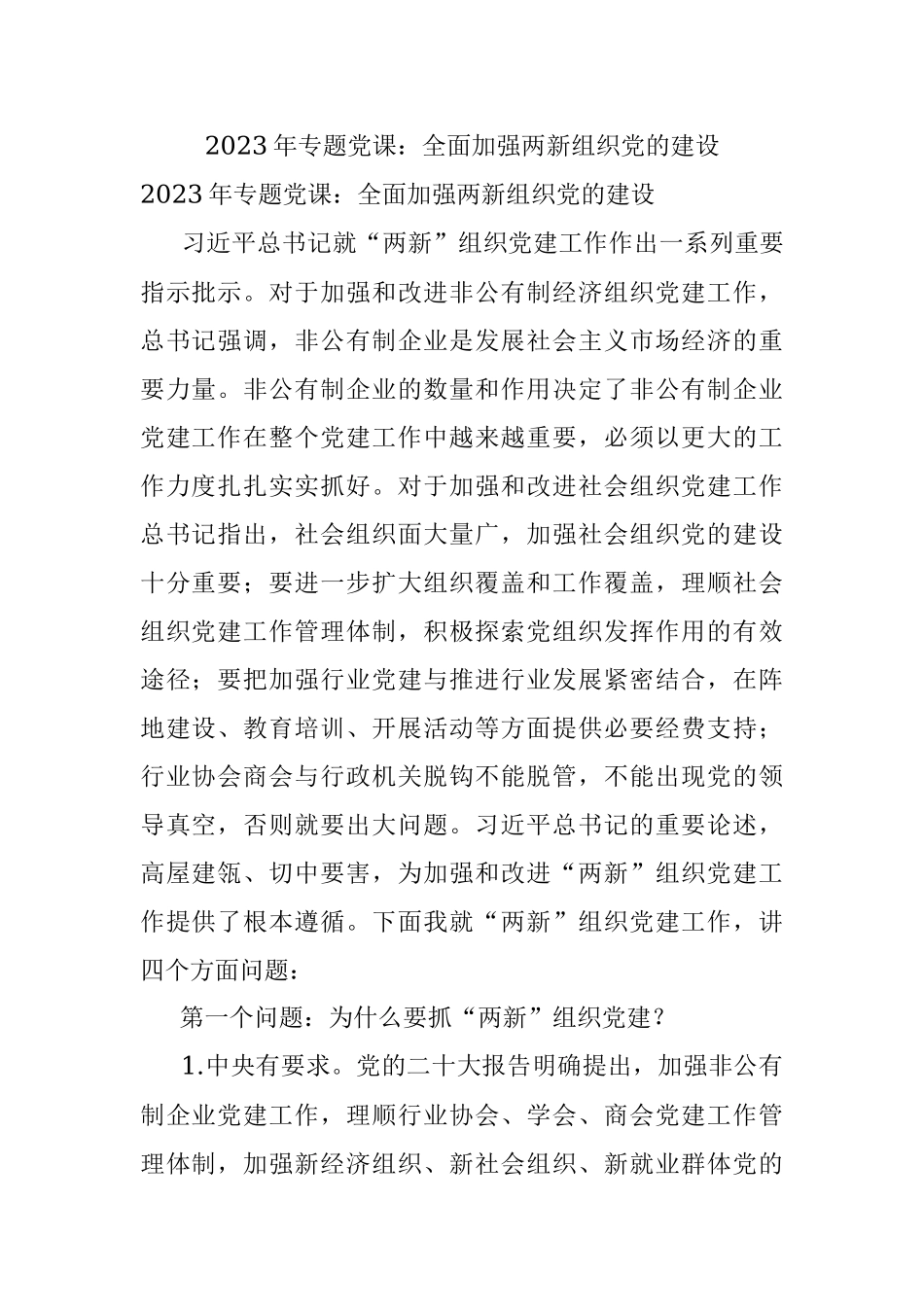 2023年专题党课：全面加强两新组织党的建设.docx_第1页