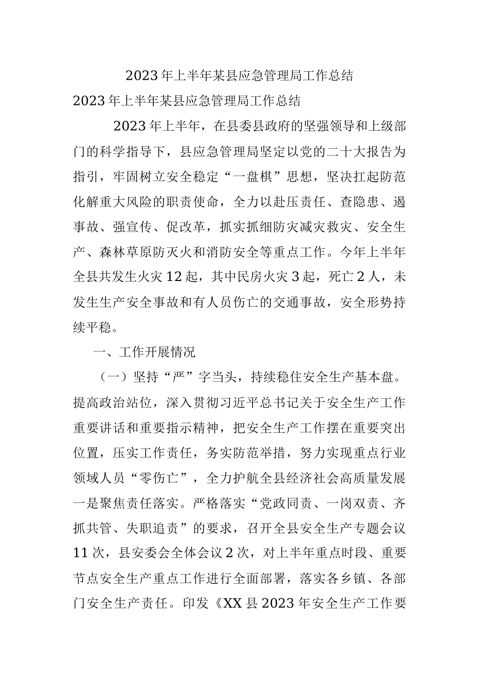 2023年上半年某县应急管理局工作总结.docx_第1页