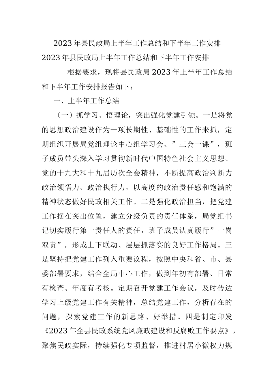 2023年县民政局上半年工作总结和下半年工作安排.docx_第1页