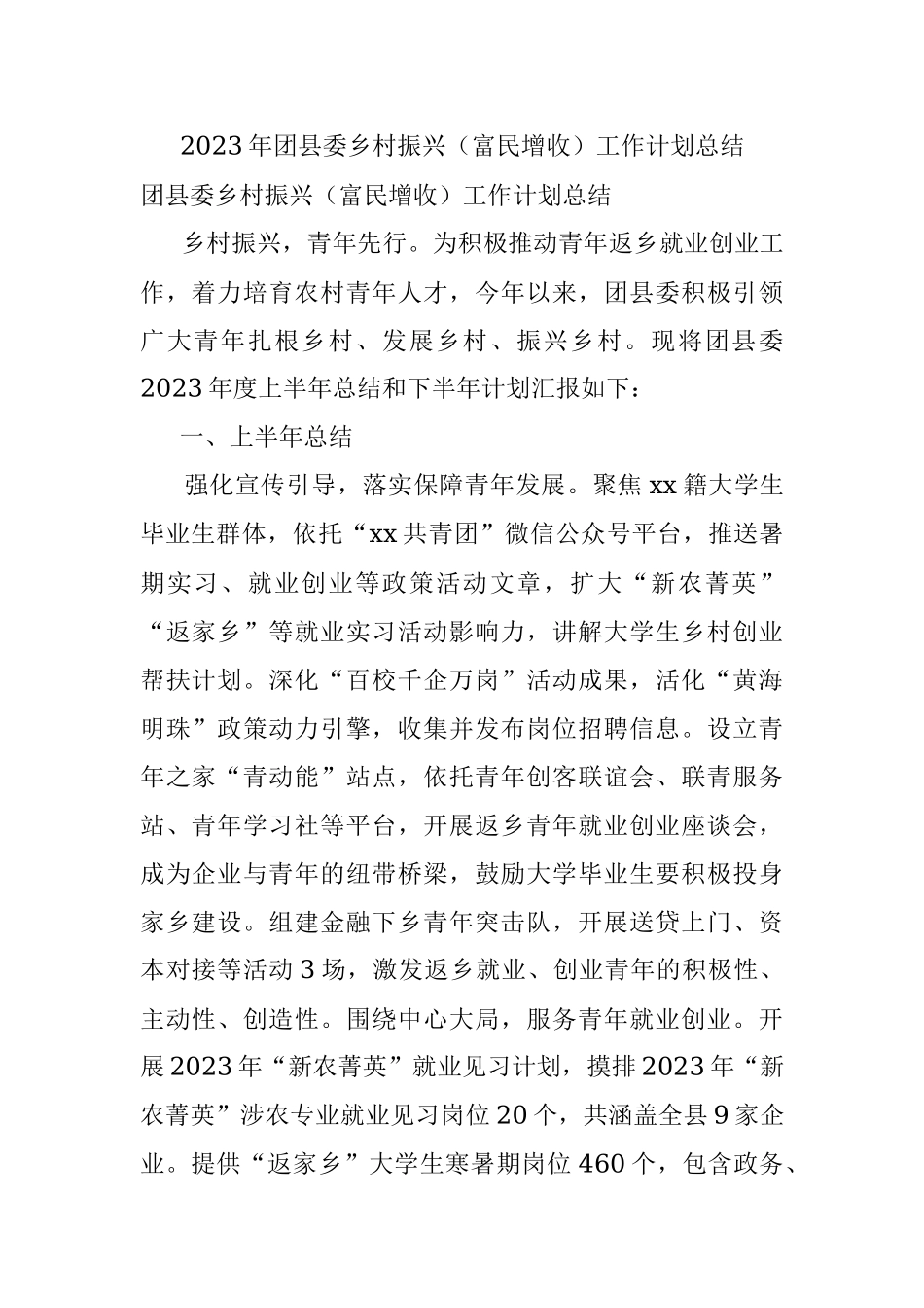 2023年团县委乡村振兴（富民增收）工作计划总结.docx_第1页