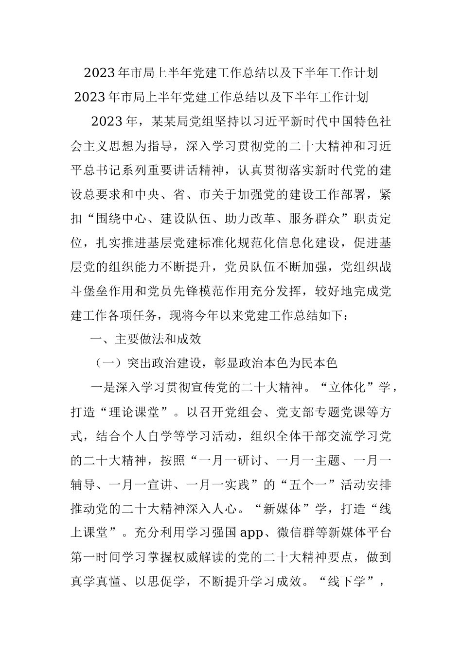 2023年市局上半年党建工作总结以及下半年工作计划.docx_第1页