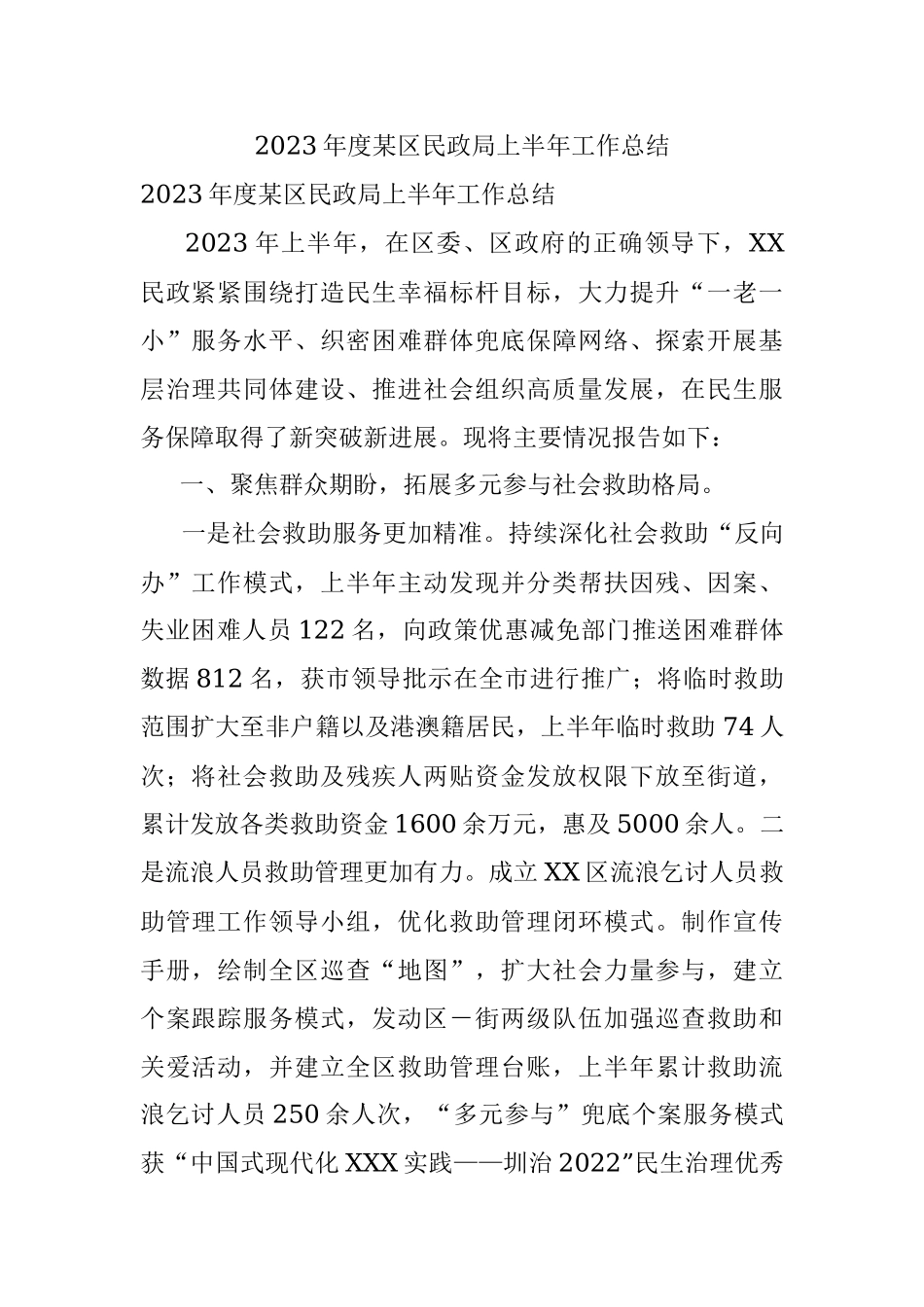 2023年度某区民政局上半年工作总结.docx_第1页
