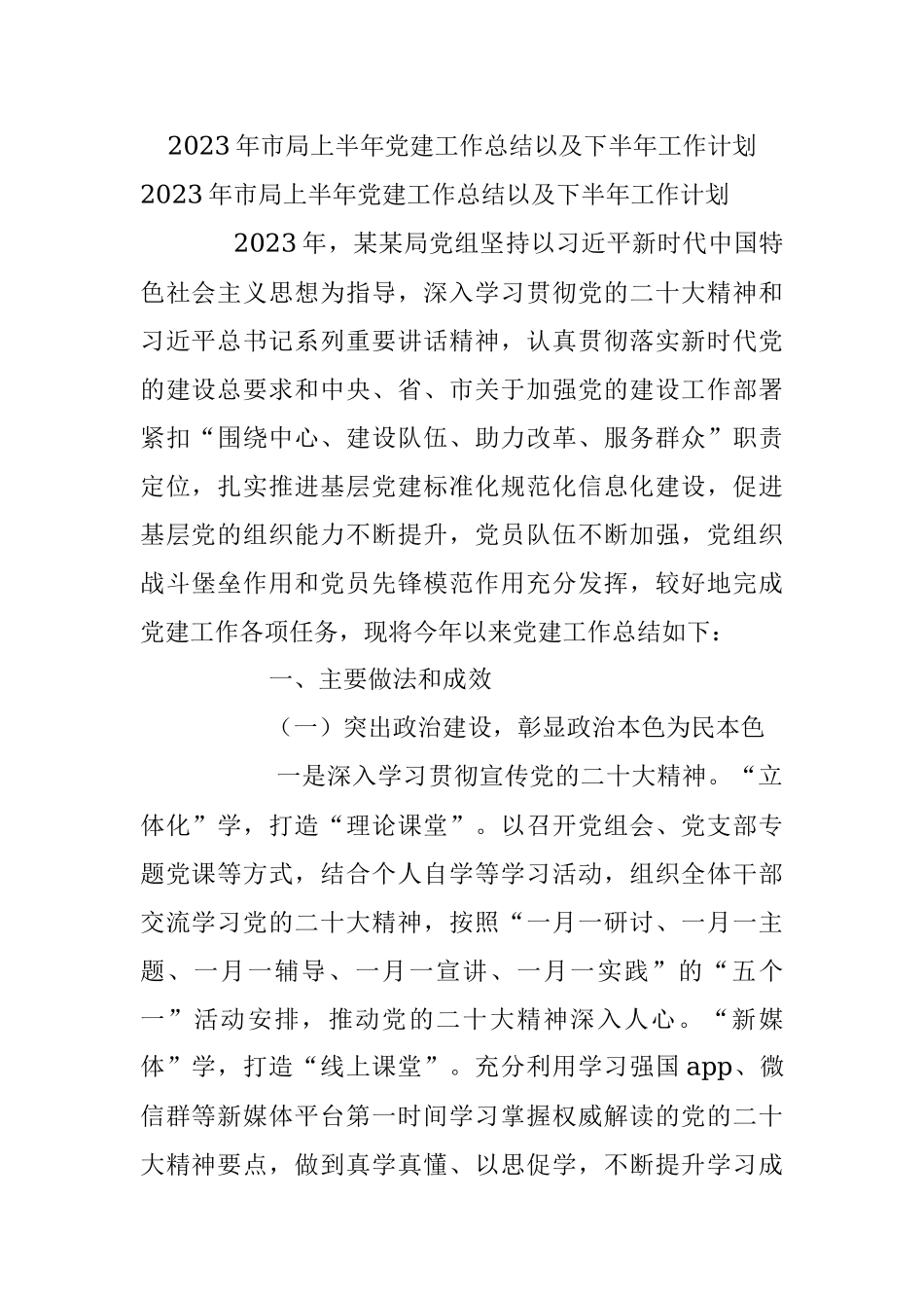 2023年市局上半年党建工作总结以及下半年工作计划_1.docx_第1页