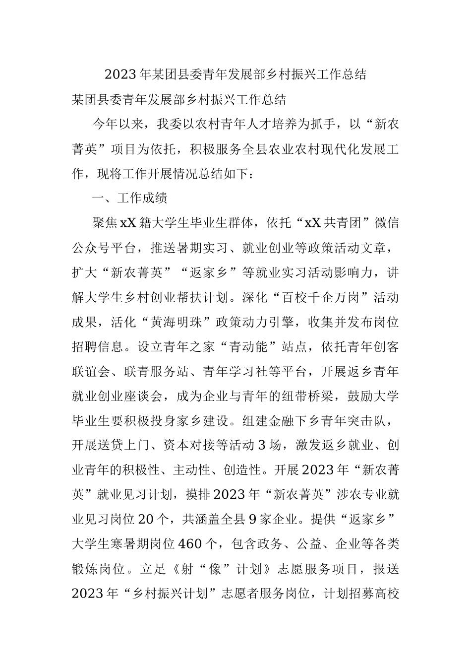 2023年某团县委青年发展部乡村振兴工作总结.docx_第1页