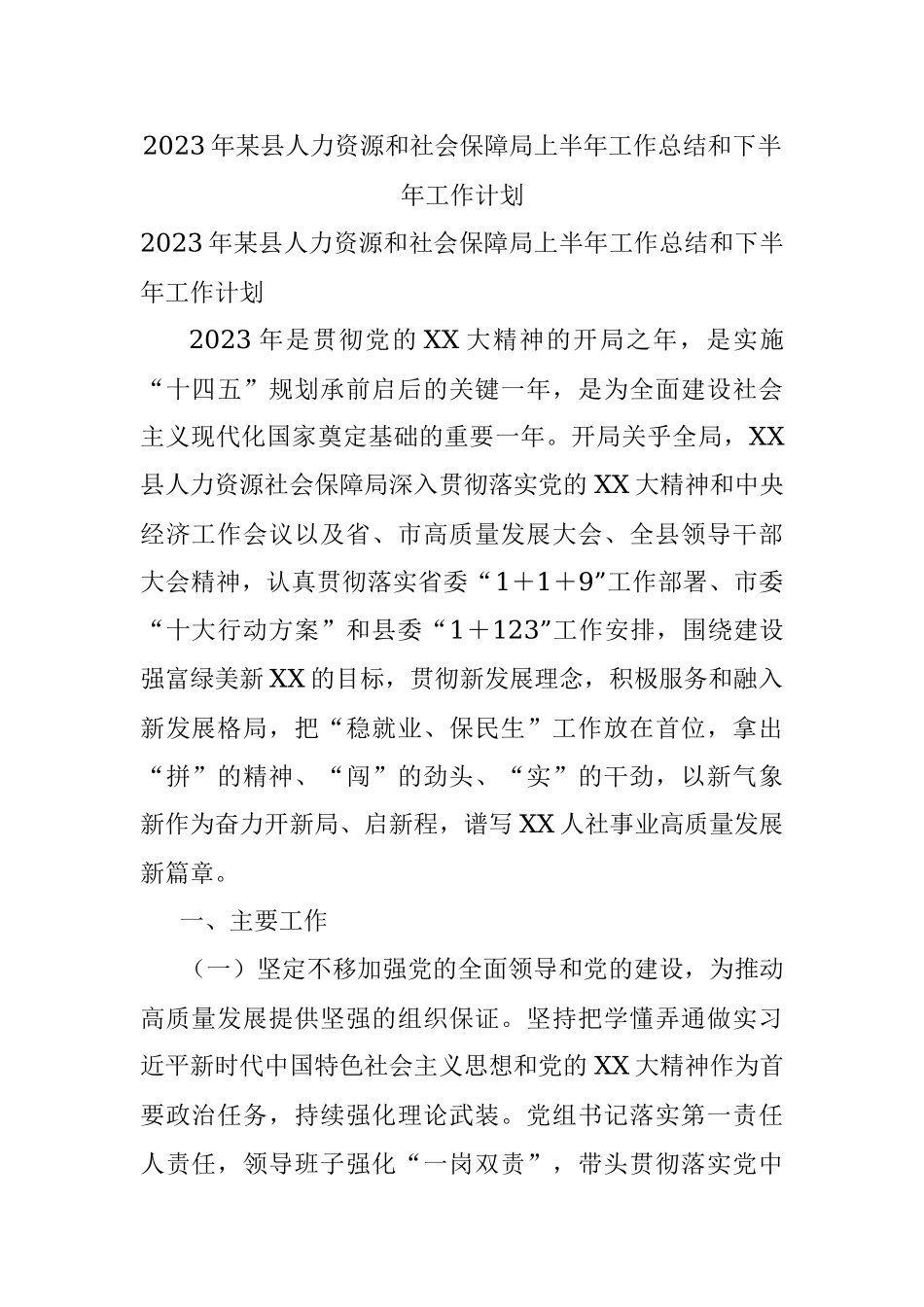 2023年某县人力资源和社会保障局上半年工作总结和下半年工作计划.docx_第1页