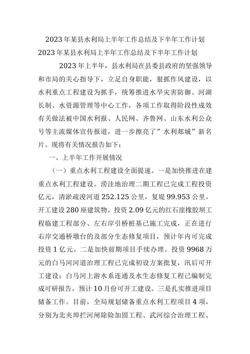 2023年某县水利局上半年工作总结及下半年工作计划.docx_第1页