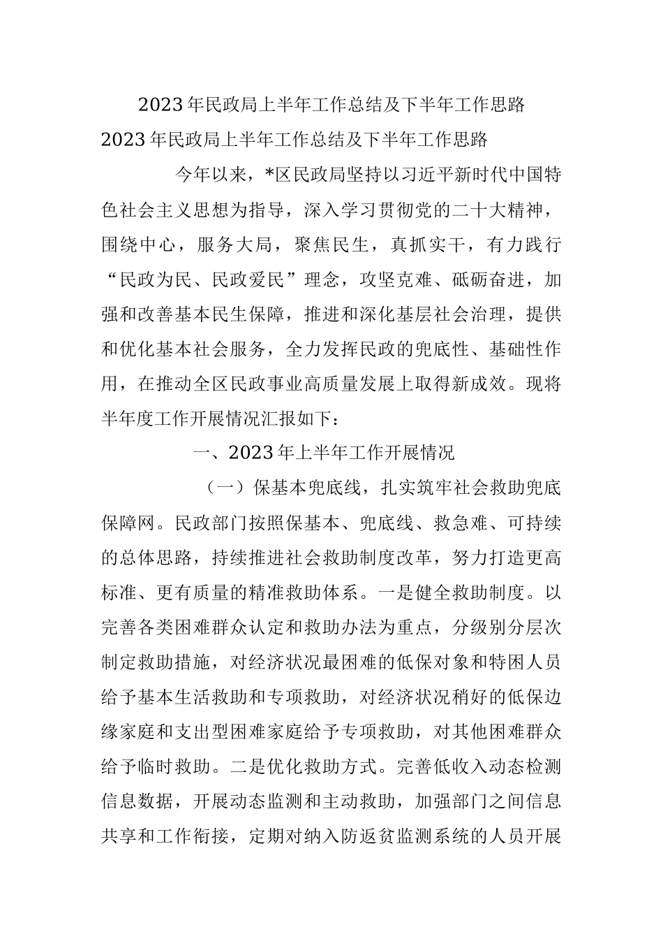 2023年民政局上半年工作总结及下半年工作思路.docx_第1页