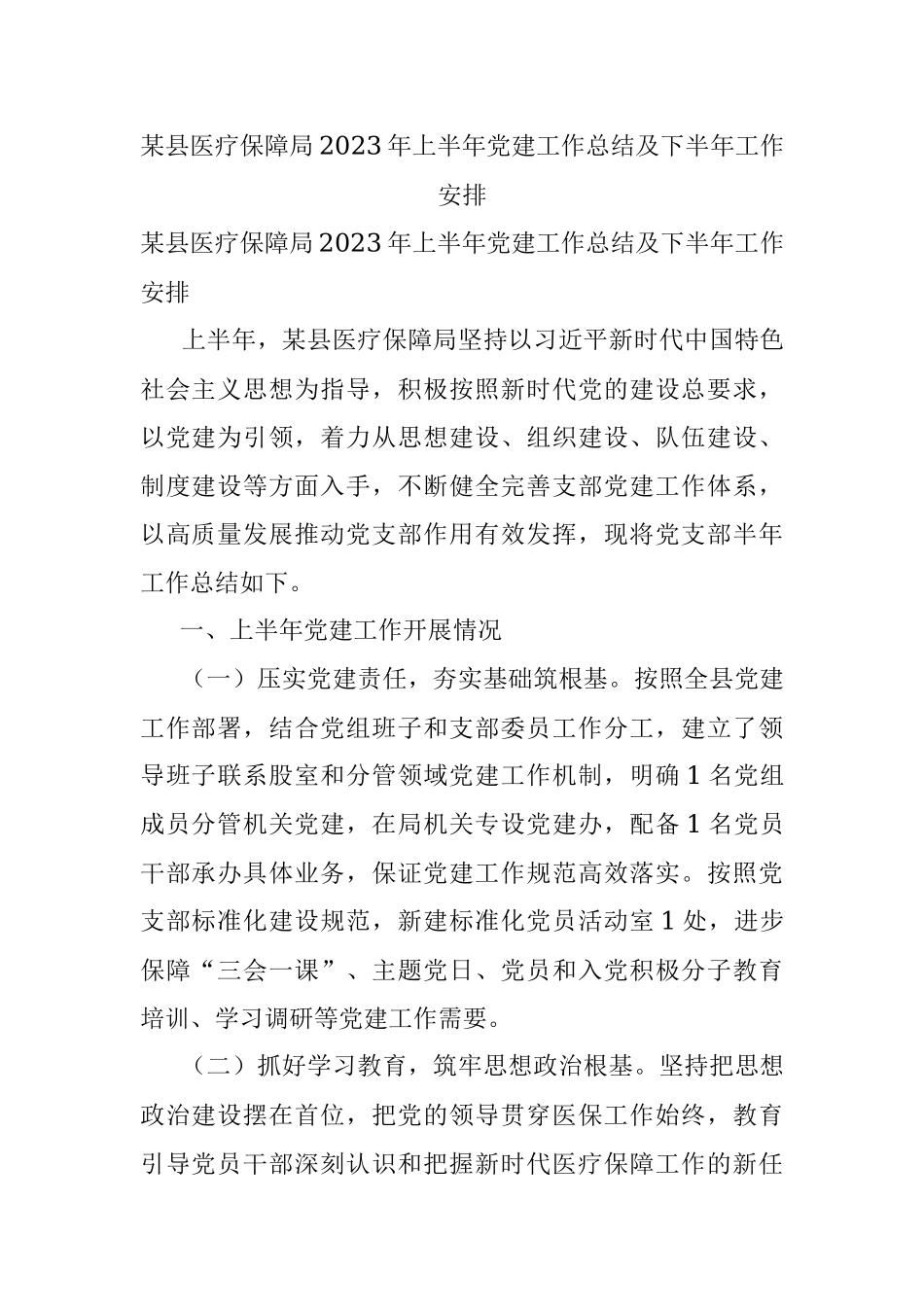 某县医疗保障局2023年上半年党建工作总结及下半年工作安排.docx_第1页